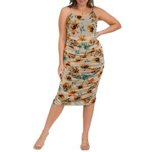 NEW BLUE LEOPARD floral ruched mesh midi dress in taupe